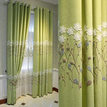 

Curtain green embroidery pastoral curtain cloth living room bedroom full shade floor window product customization
