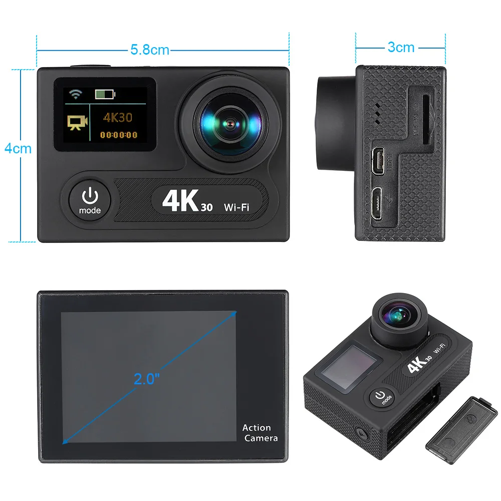 Wifi, экшн-камера для занятий спортом, Камера 12MP со сверхвысоким разрешением Ultra HD, 170°широкий угол Водонепроницаемый возможностью погружения на глубину до 30 м топливный фильтр грубой очистки " двойной ЖК-дисплей Экран 360 Play station 4 K 30fps 1080 P 60fps