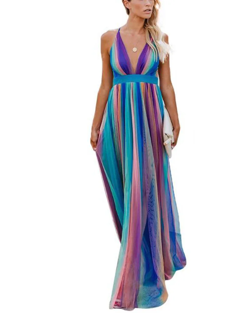 

2019 Women Summer Spaghetti Strap Chiffon Rainbow Color Stripes Deep V-neck Pleated Maxi long Dress Floor Length Sexy Beach