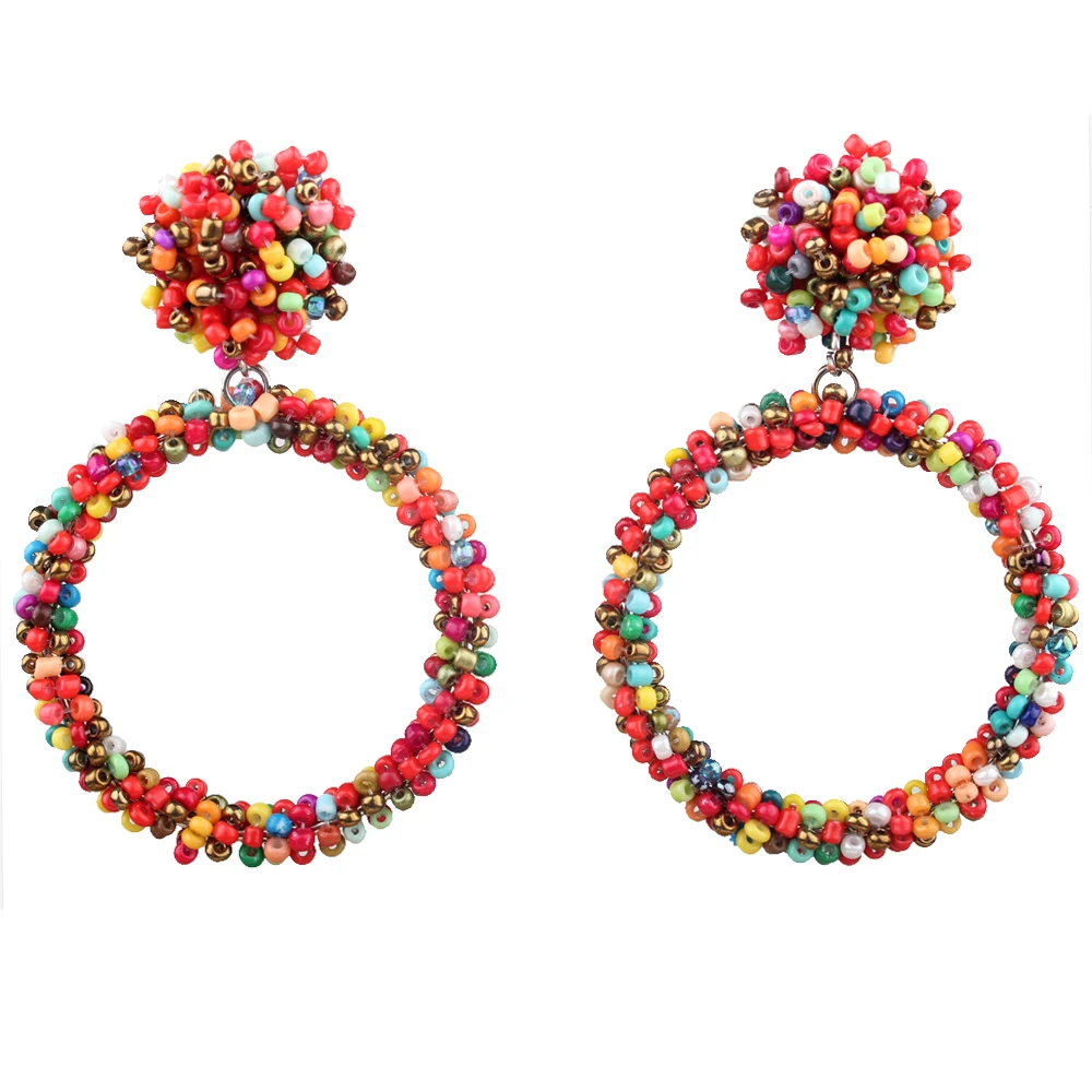 

Claire Jin Big Round Circle Pure Handmade Small Beads Earring Bohemian Jewelry Ethnic Drop Earrings for Women Vintage Style