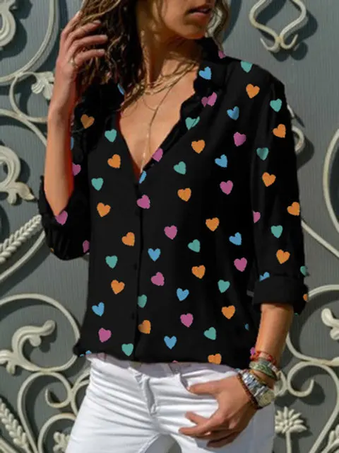 Черный Женские топы Blusa, новые женские рубашки с v-образным вырезом и принтом в виде сердца, весенне-летняя Нижняя блузка размера плюс 3XL, белые и синие женские блузки - Цвет: Черный