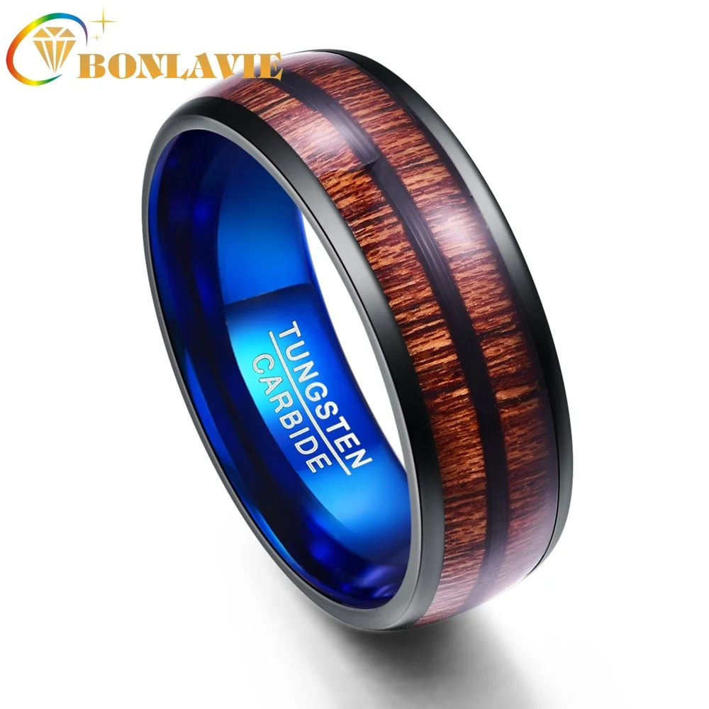 

T079R Wide 8MM Round Surface Rings for Men Plating Back In Edge Blue Color Inside Tungsten Ring Locust Wood Wedding Rings