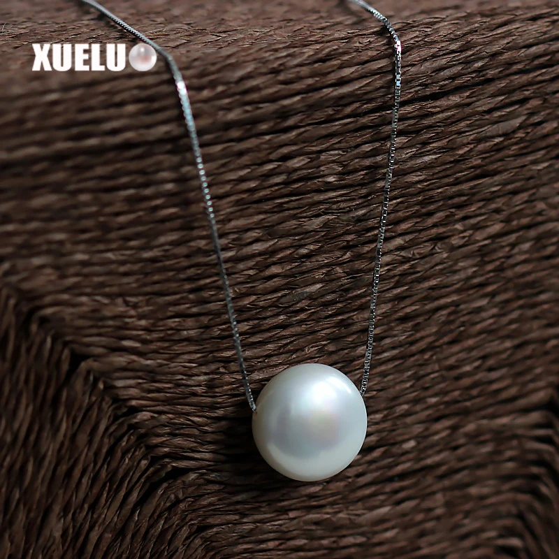 

XUELUO 925 Sterling Silver Necklace 13-14mm Top Quality Natural White Coin Fresh Water Pearl Necklace