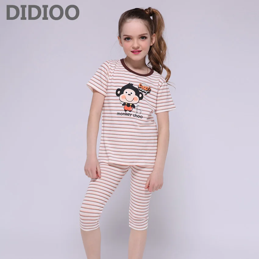 Girls Pajamas Set Детские пижамные комплекты для девочек, комплекты одежды, полосатая одежда для сна с рисунком для мальчиков, летняя детская одежда для сна, 4, 5, 7, 9, 11, 12 лет - Цвет: Girls Pajamas Set
