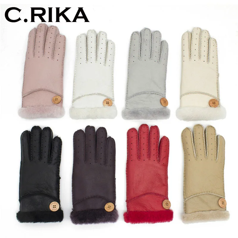 Зимние лыжные перчатки из натуральной овечьей кожи, шерстяные меховые перчатки, теплые зимние женские уличные перчатки, перчатки для девушек, варежки для женщин
