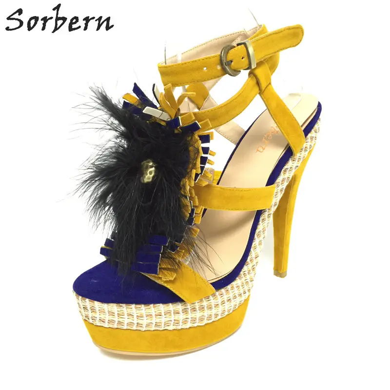 Sorbern Rope Platform Ostrich Feather Thin High Heels Ankle Straps Designer Shoes Women Luxury 
