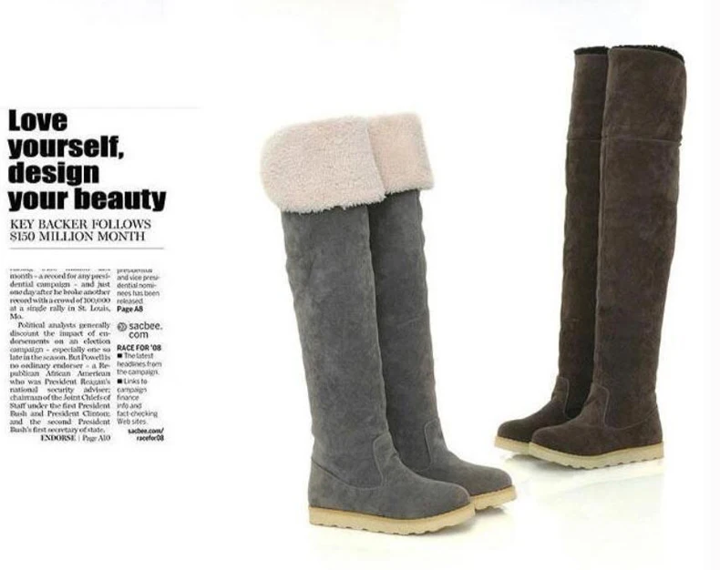 Women's Boots' Casual Lady Boot Over The Knee Long Winter Boots Women Flat Flock Leather Winter Snow Boots Women Plus Size 9 New (4)