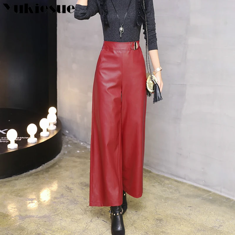 Wide leg pants capirs women 2017 winter warm PU leather pants female trousers OL office formal casual pants woman Plus size