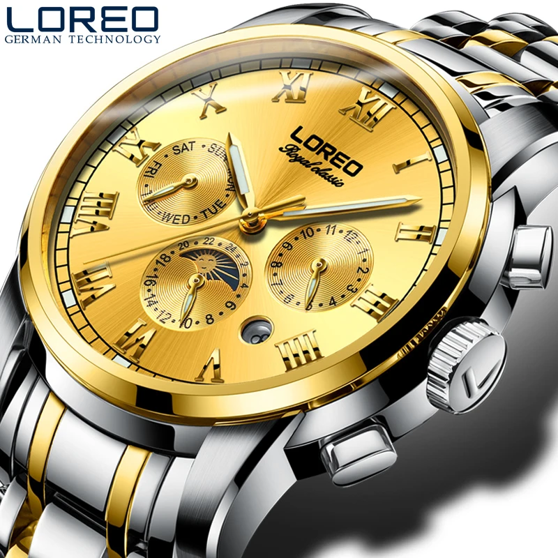 

LOREO waterproof luminous automatic mechanical luxury stainless steel hollow calendar blue diamond coated mirror gold watch