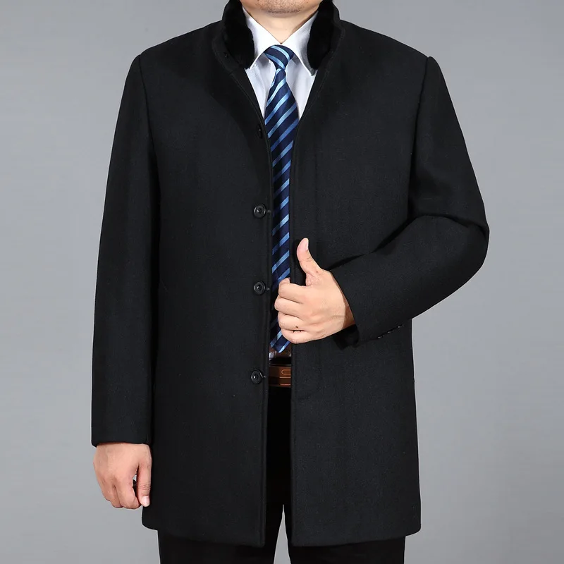 

New arrival Winter Men Warm Wool Casual Fur Mandarin Collar Covered Button Thick Mens plus velvet Overcoat lare size M-4XL