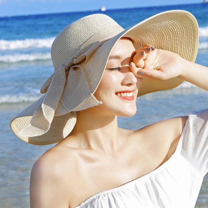 Популярная летняя соломенная широкополая шляпа с широкими полями, Пляжная Складная Кепка с бантом, новинка A17_25 - Цвет: Beige