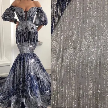 

Model design glued glitter print african mesh tulle YG-137 lace for wedding/evening dress in silver glitter navy blue mesh