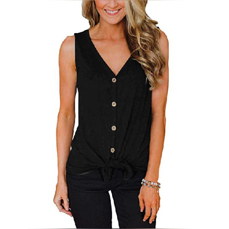 

Solid Lace-Up Loose Tank Tops Women Casual Simple Button Summer Top Female Fashion Sleeveless Cardigan Top For Ladies Plus Size
