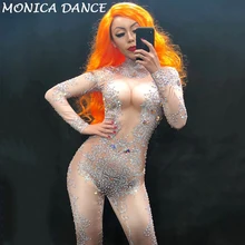 Женский сексуальный сценический белый цветочный комбинезон с принтом сверкающий AB цвет боди с кристаллами отпраздновать ночной клуб сценический костюм