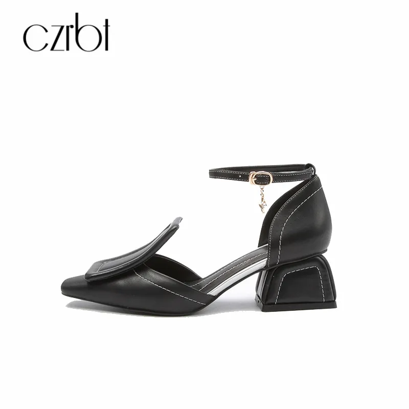 

CZRBT Sweet Women Sandals Top Quality Genuine Leather Buckle Strap Shoes High Heel 5.5CM Shallow Casual Summer 34-39 Size Shoes