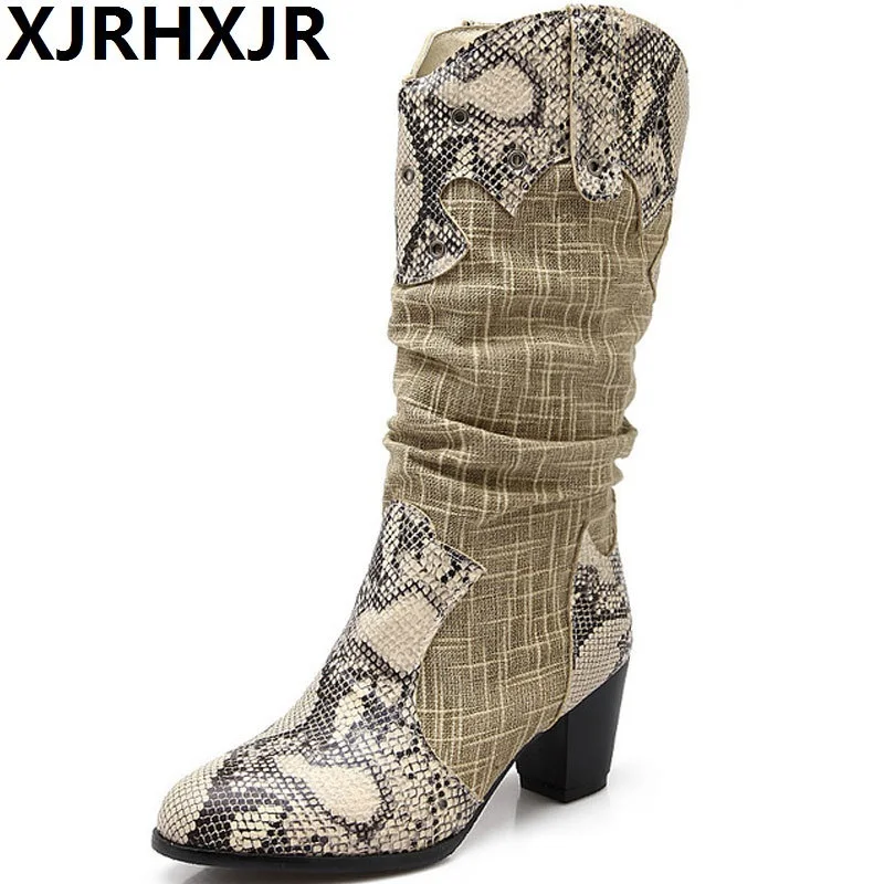 XJRHXJR Women's Winter Snow Boots Lady's Western Cowboy Boots Snake Print Mid Calf Snow Boots Shoes Women Botas Mujer Fur Boots