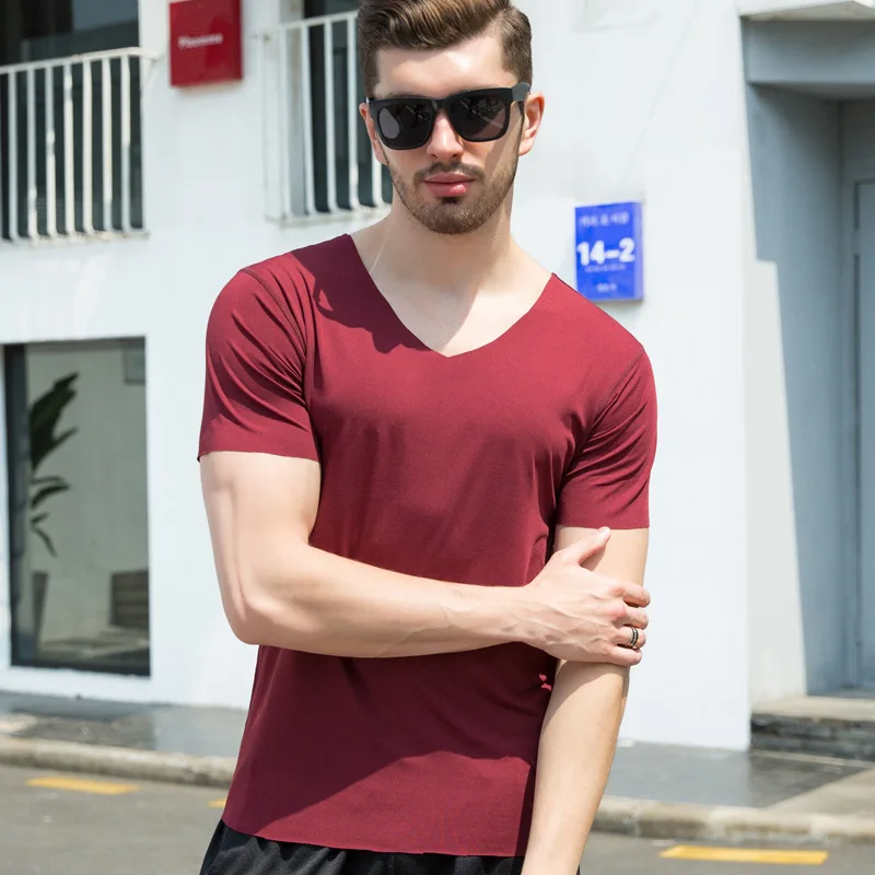 Men Underwear Men Ice silk short sleeve Solid color seamless close-fitting V-neck comfortable Quick dry undershirts