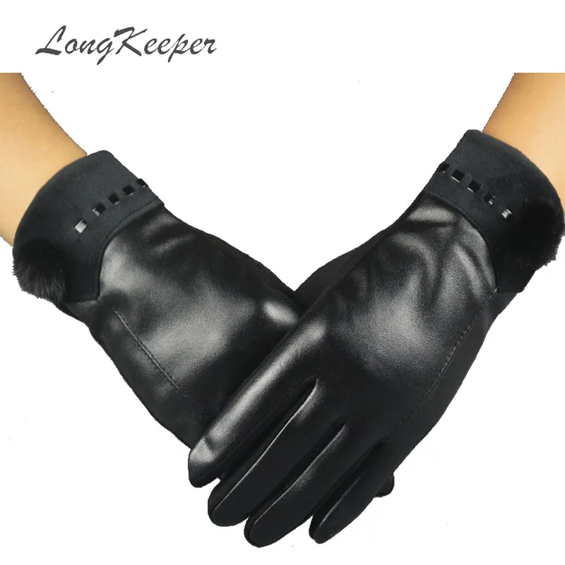 Longkeader,, искусственная кожа, перчатки для сенсорного экрана, женские, зимние, толстые, противоскользящие, Guantes, женские, элегантные, для вождения, варежки, G371 - Цвет: black