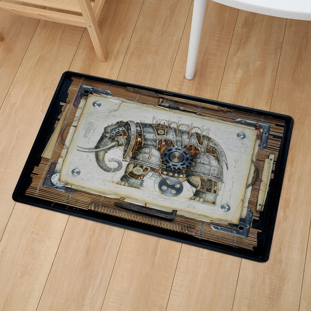 

Steampunk Elephant PVC Leather Mats 46*76cm Waterproof Kitchen Carpet Entrance Non Slip Living Room Decor Animal Door Mat