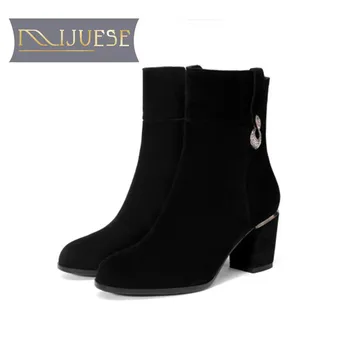 

MLJUESE 2019 women ankle boots cow suede zippers short plush winter warm fur boots high heels women boots size 34-43