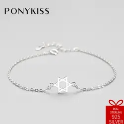 PONYKISS Романтический реальный S925 стерлингового серебра Симпатичные геометрический шестиконечная полые звезда браслеты изысканные