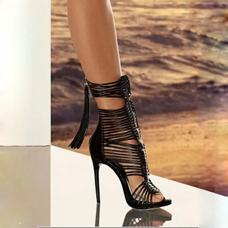 

New Fashion Summer Style Women Sandals Back Zipper Black Thin High Heels Opening Toe Ankle Strap Gladiator Sandals Boots Mujer