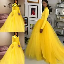 Новый длинный рукав желтые платья на выпускной 2019 с высоким горлом, атласное пышный Тюль А-силуэт простые женские Формальные Вечерние