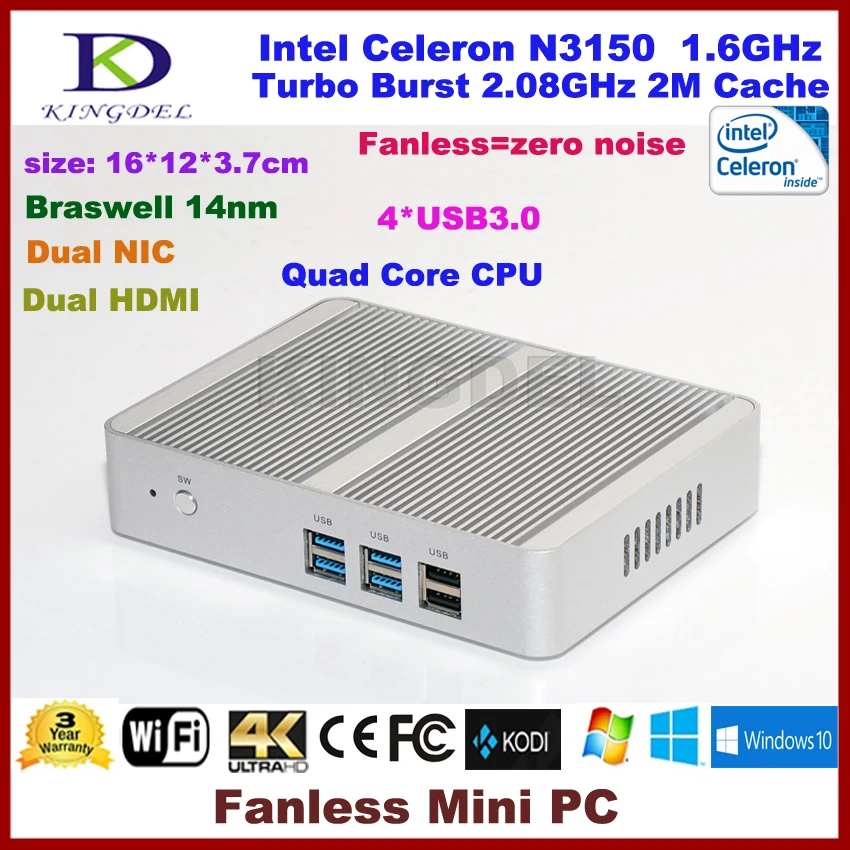  Fanless pc desktop Intel Celeron N3150 quad,Intel HD Graphics, Dual HDMI+LAN,4*USB 3.0,WIFI,tiny pc 