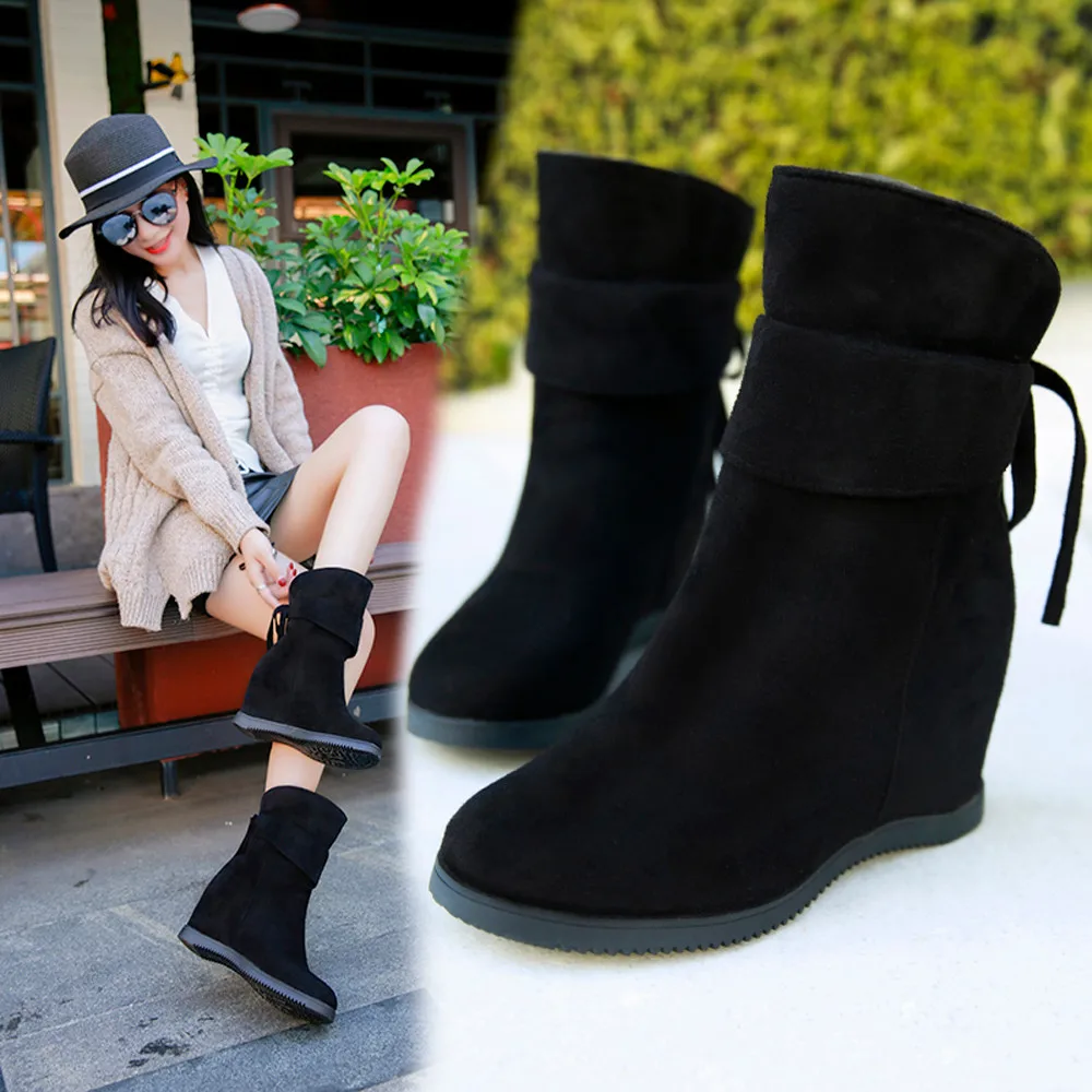 

Platform Heels Women Soft Thick High Heel Platform Boots Increase Within Boots Elastic band Solid Casual Wedges Zipper boots