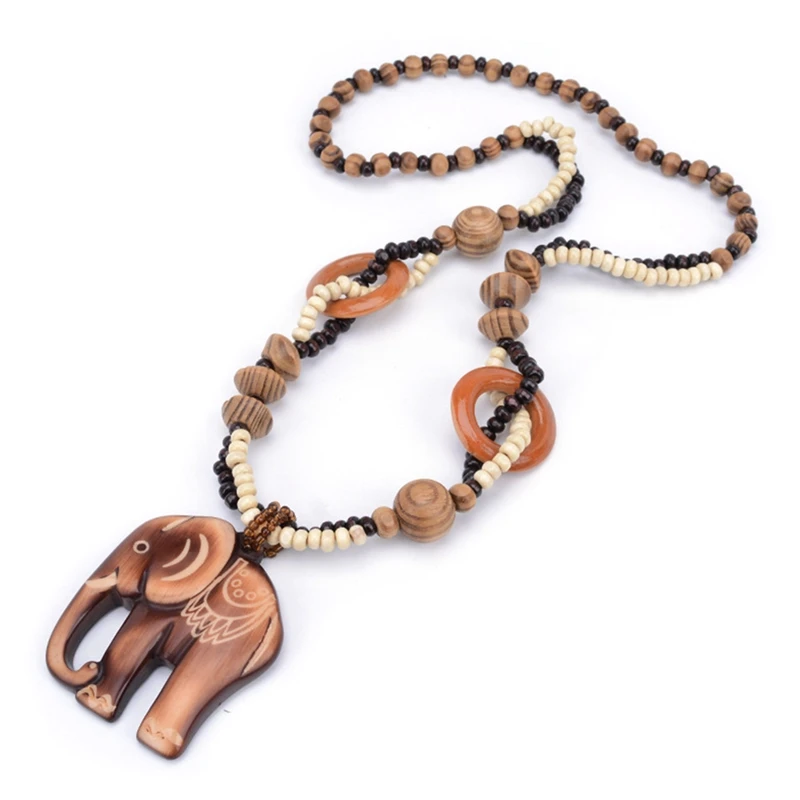 

1Pc Women Boho Style Ethnic Handmade Bead Wood Elephant Pendant Long Necklace Sweater Chain Jewelry Gift