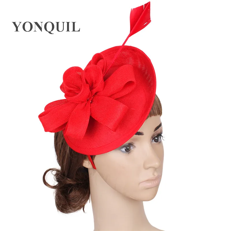 Элегантный перо красный чародей шляпа для женщин очаровательные повязки для леди вечерние партии головные уборы невесты свадебные церкви