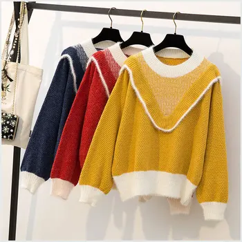 

Women Vintage Hit Color Loose Pullover Sweater 2018 Korean New Winter Women Sweater Patchwork Knitting Loose Sweet Jumper