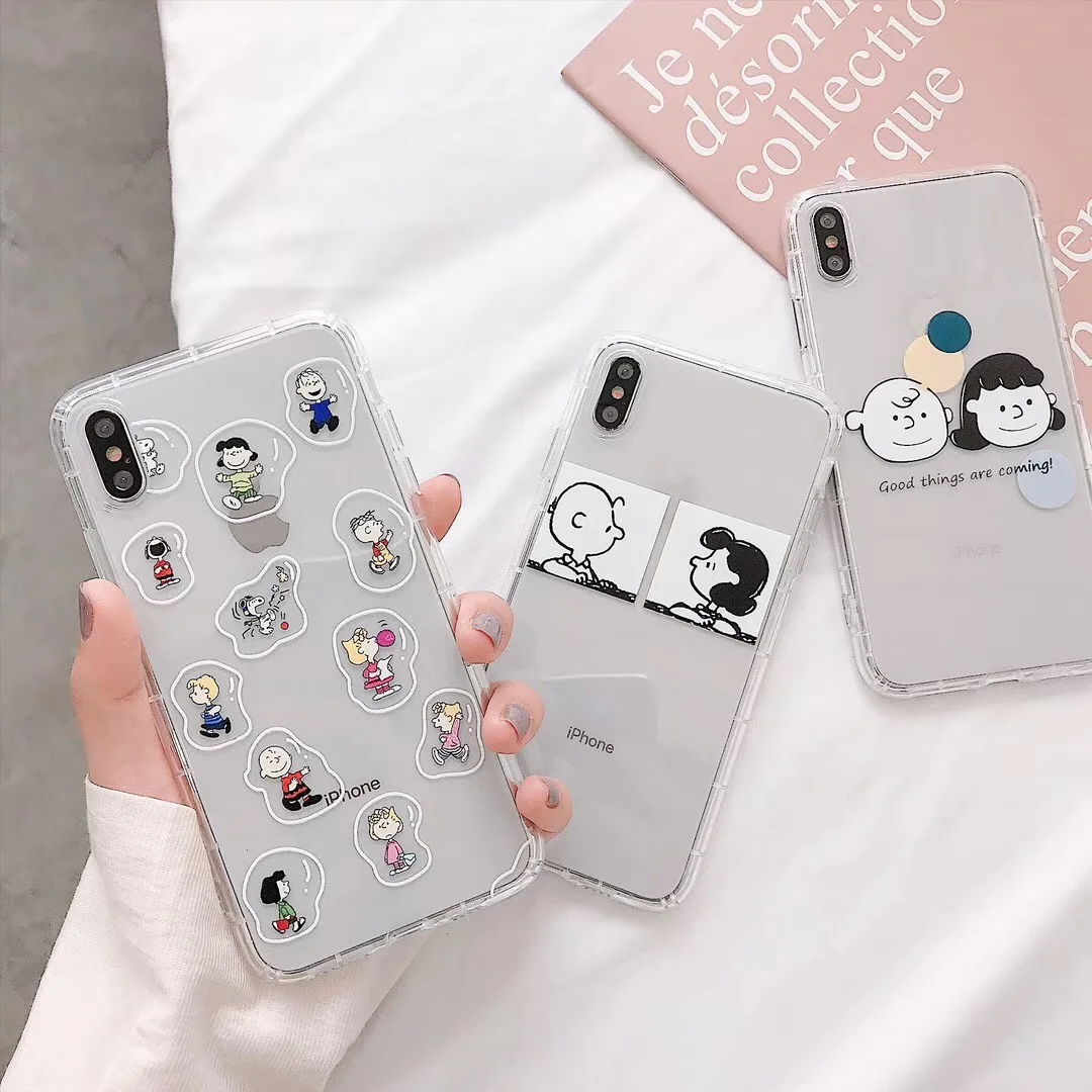 

Japan cute cartoon Peanuts Charlie Brown Lucy Phone Case For iPhone X XS MAX XR 6 6s 7 8 Plus Simple couple clear soft TPU Cover