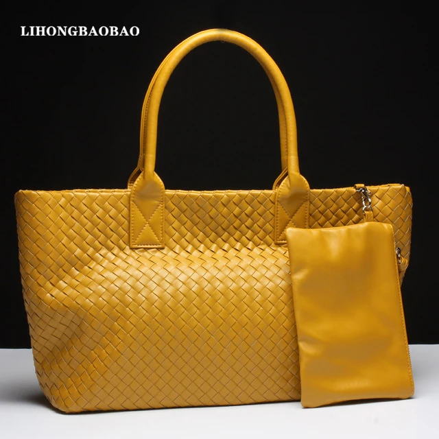 

Fresh Knitting Women Shoulder Bag Large Capacity Yellow Handbag with Clutches Bag Casual Lady Tote Bag Candy Color Weave Bag