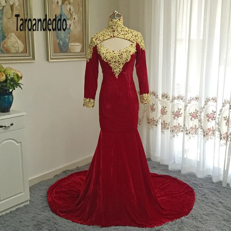 Stand Collar Gold Applique Lace with Crystals Red Velvet Long Sleeves