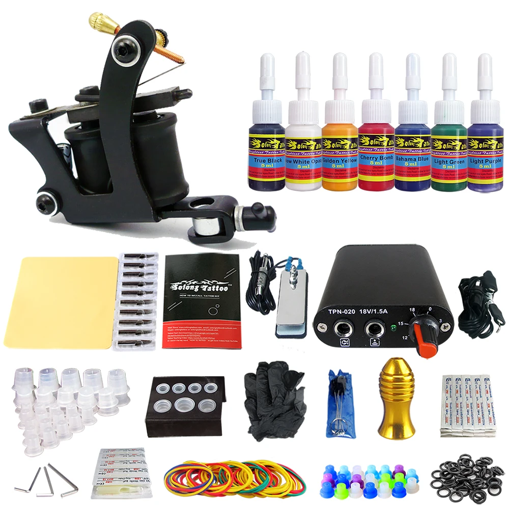 

Hybrid Complete Tattoo Coil Machine Kit For Liner Shader Power Supply Foot Pedal Needles Grip Tips Tattoo Body&Art TK105-42