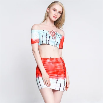 

Fashion Sexy Dye Lace Up V Neck Off Shoulder Tight Crop Top Package Hip Pencil Skirt Suit Women Sets Two Piece Casual Clubwear
