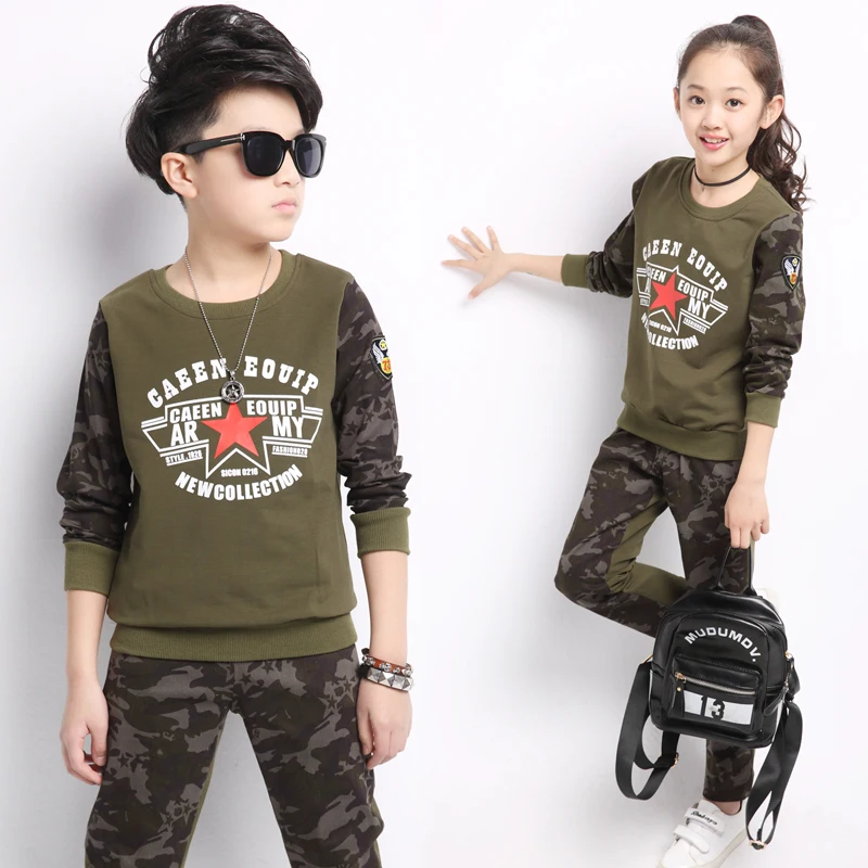 

2018 New Chidlren's Camouflage Clothes Boys Spring Autumn Sports Suit Girls Military Uniform 2 Pcs Kids Splicing Tracksuit A314