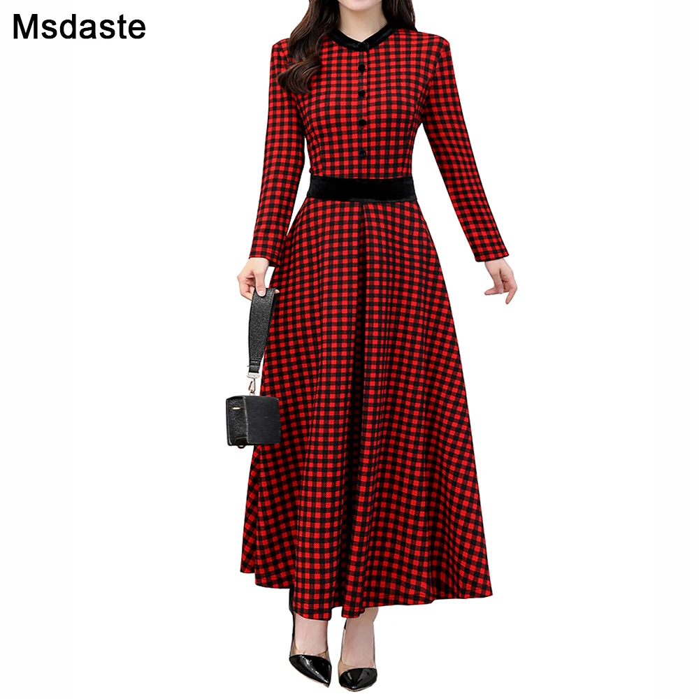 

Women Dresses High Quality New Arrival Retro Plus Size M-3XL Leisure Stand Collar Plaid Long Sleeve Elegant Woman Casual Dress