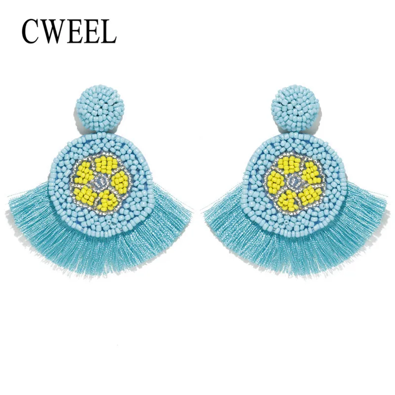

CWEEL Statement Ethnic Dangle Tassel Earrings Bohemian Women Blue Fringe Wedding Long Earings Hanging Handmade Fashion Jewelry