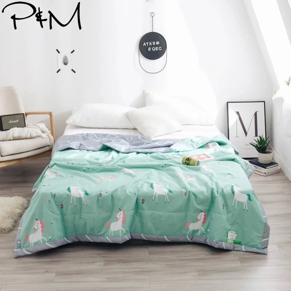 

2019 Green Unicorn Rainbow Quilt Cotton air-condition Quilted Thin Comforter Summer Throws Blanket Twin Full Queen Size