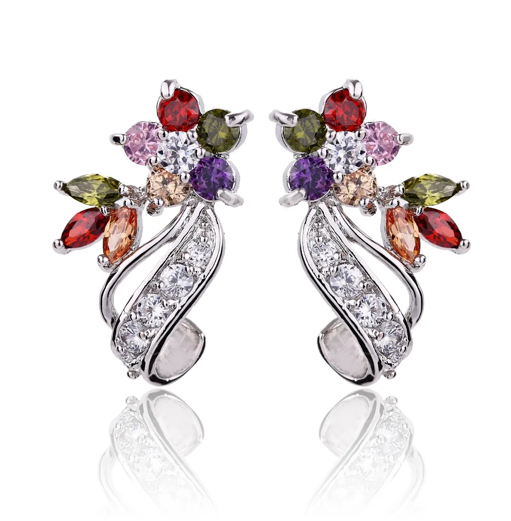 HSIC Fashion CZ Crystal Earrings Colorful Flower Earrings Silver Color ...