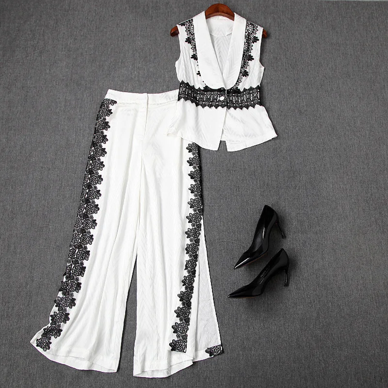 

Pant Suits Summer 2019 Women Spring Summer New Shawl Collar Sleeveless Single Button Vest + Lace Patchwork Split Wide Leg Pants