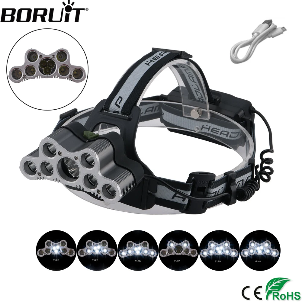

BORUiT SQ-011 XML T6 R2 LED Headlamp USB Charger Headlight 6-Mode Head Torch Fishing Camping Flashlight by 18650 Battery