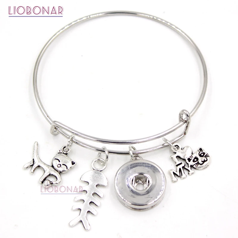 10PCS Wholesale Snap Jewelry Animal Bracelet Pet I love Cats Fish Bone Charms Bangle Snap Button