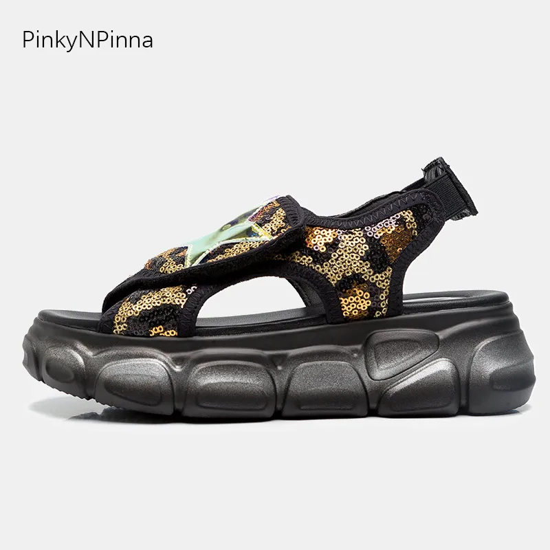 

Steam punk style women platform sandals slingback metallic shimmering golden sequins stars street summer ladies shoes plus size