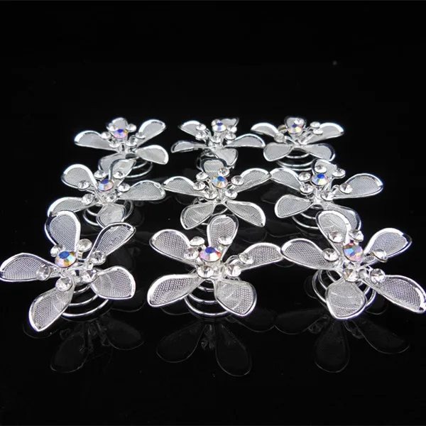 

2015 New 30Pcs Bridal Wedding Prom Crystal Rhinestone Flower Hair Twists Spins Pins Silver Color Free Shipping
