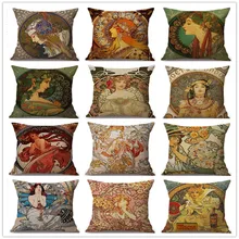 Cheap Vintage Nordic Art Nouveau Mucha Gallery Cushion Cover Decorative Sofa Pillow Cover Beauty Girl Cotton Linen Pillows