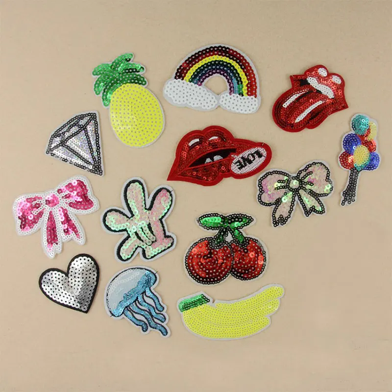 

New Fashion Cherry Red Lips Bowtie Rainbow Heart Sequined Patches Sew Fabric Sticker For Clothes Badge Embroidered Appliques DIY
