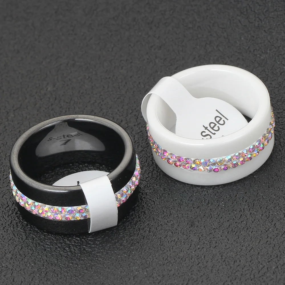 Женское кольцо NIBA черное/белое керамическое шириной 10 мм с кристаллом ABColor|rings for